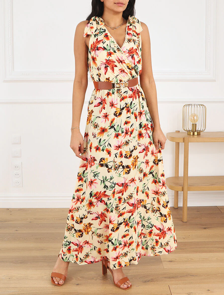 Robe imprimé fleuri à col en V - Beige - Image 4