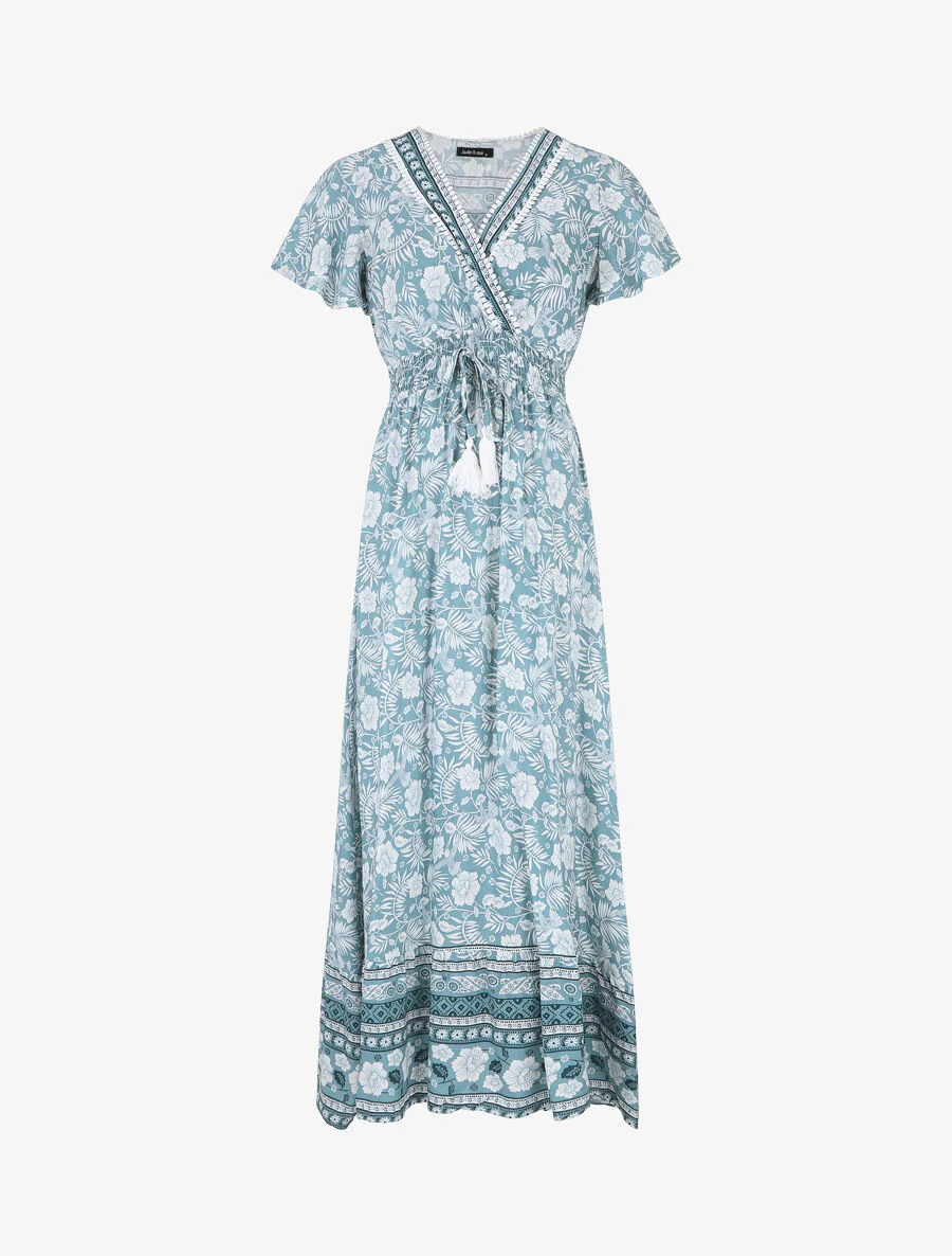 Robe imprimé fleuri à manches volantées - Vert d'eau