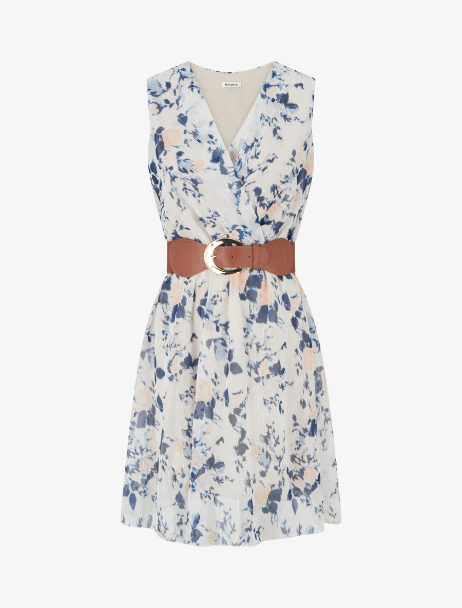 Robe imprimé fleuri à rayures irisés - Marine