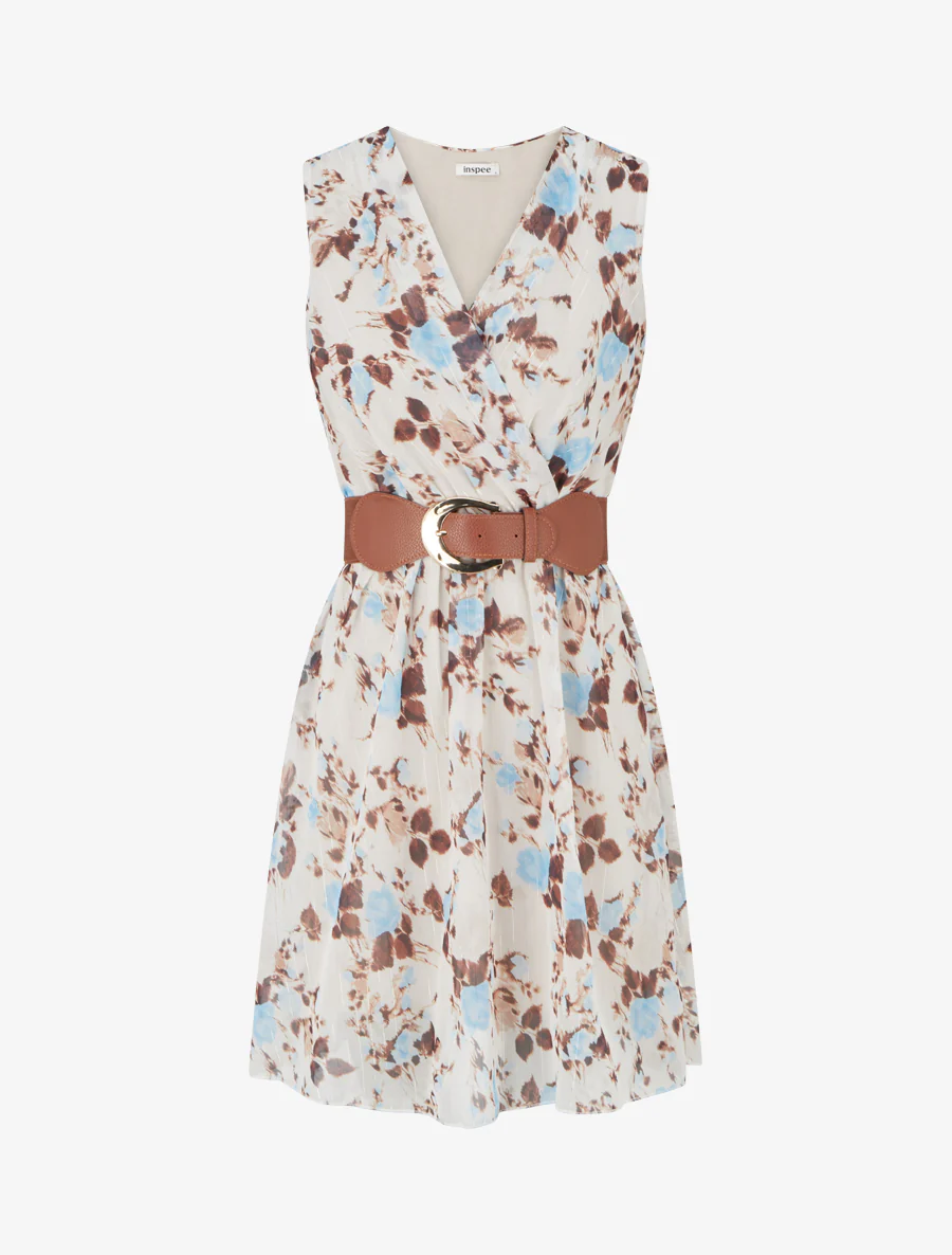 Robe imprimé fleuri à rayures irisés - Bleu ciel