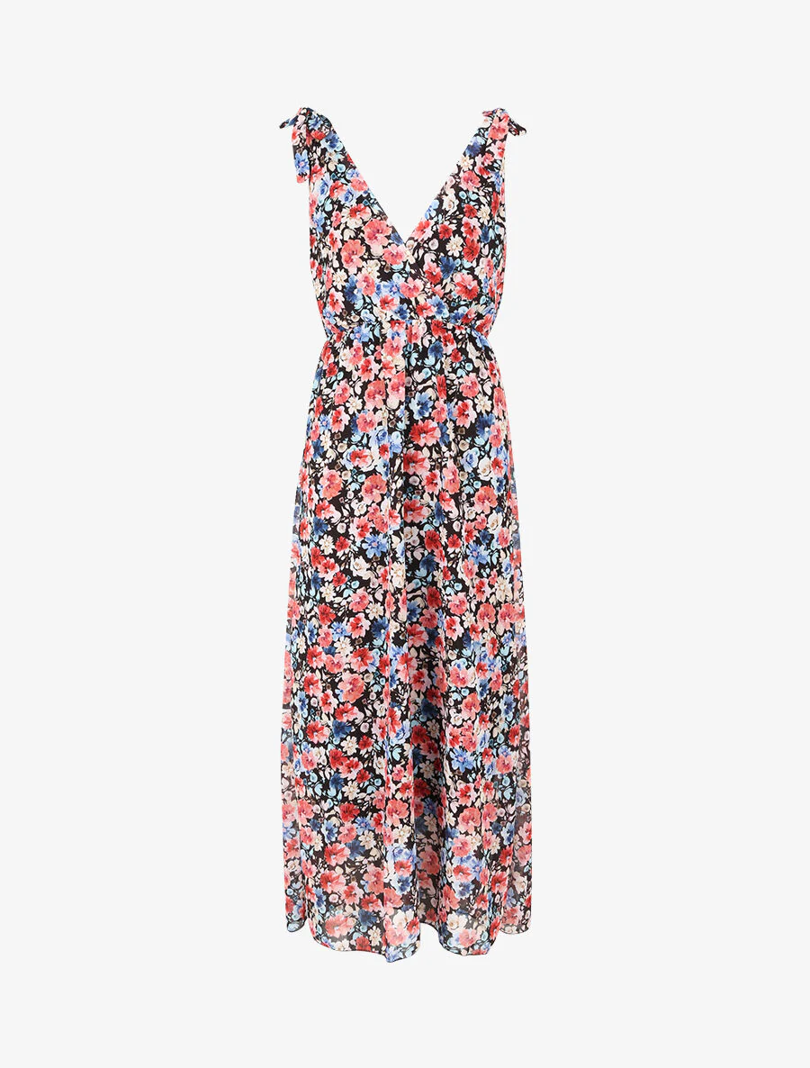 Robe imprimé fleurs champêtres à bretelles à détail noeud - Noir