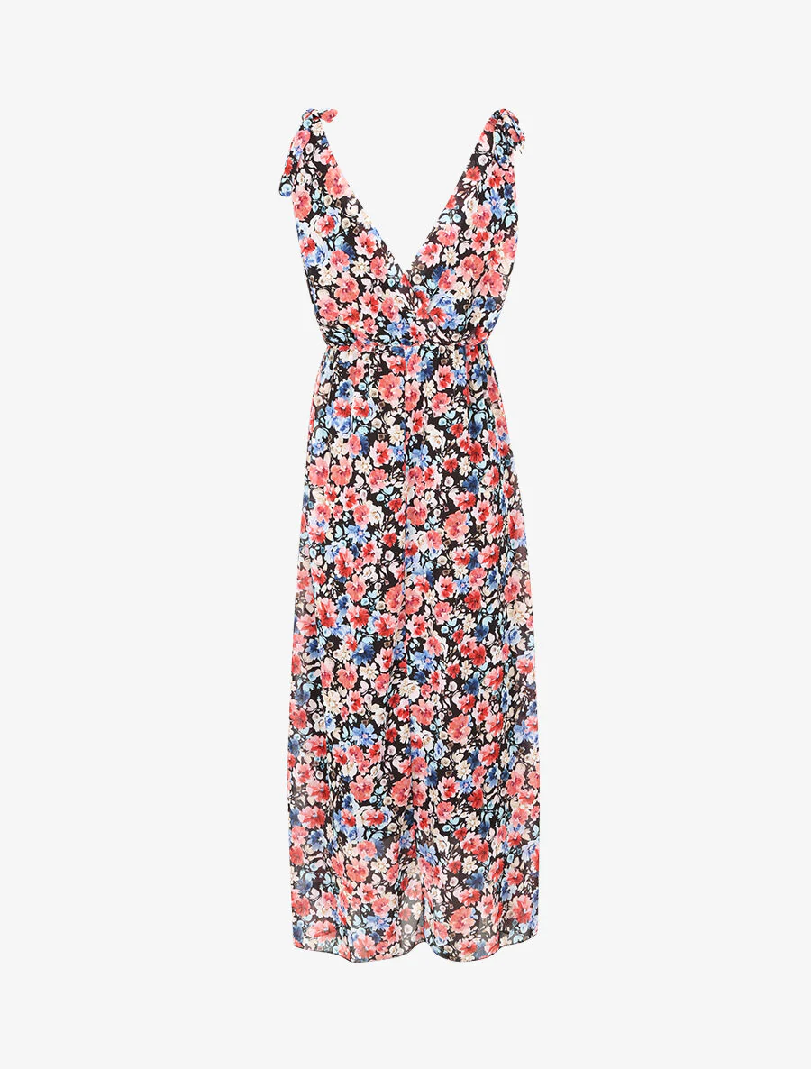 Robe imprimé fleurs champêtres à bretelles à détail noeud - Noir - Image 2