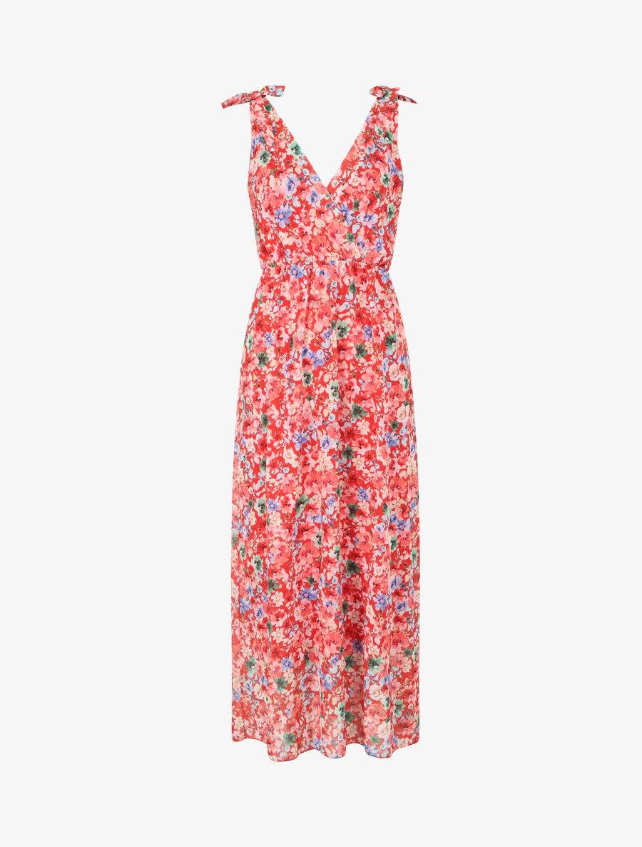 Robe imprimé fleurs champêtres à bretelles à détail noeud - Rouge
