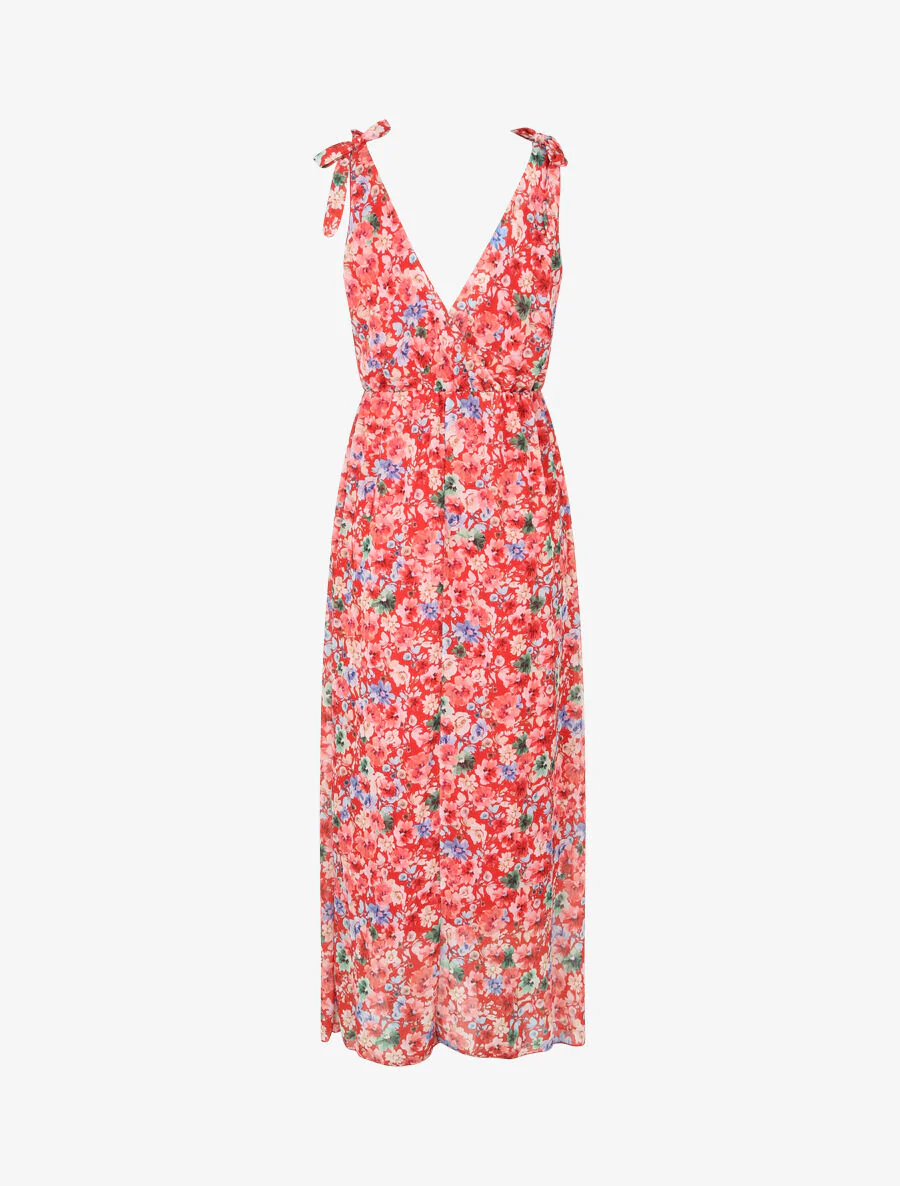 Robe imprimé fleurs champêtres à bretelles à détail noeud - Rouge - Image 2