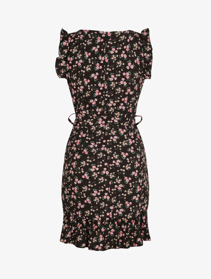 Robe imprimé fleurs des champs à bords volantées style portefeuille - Noir - Image 2