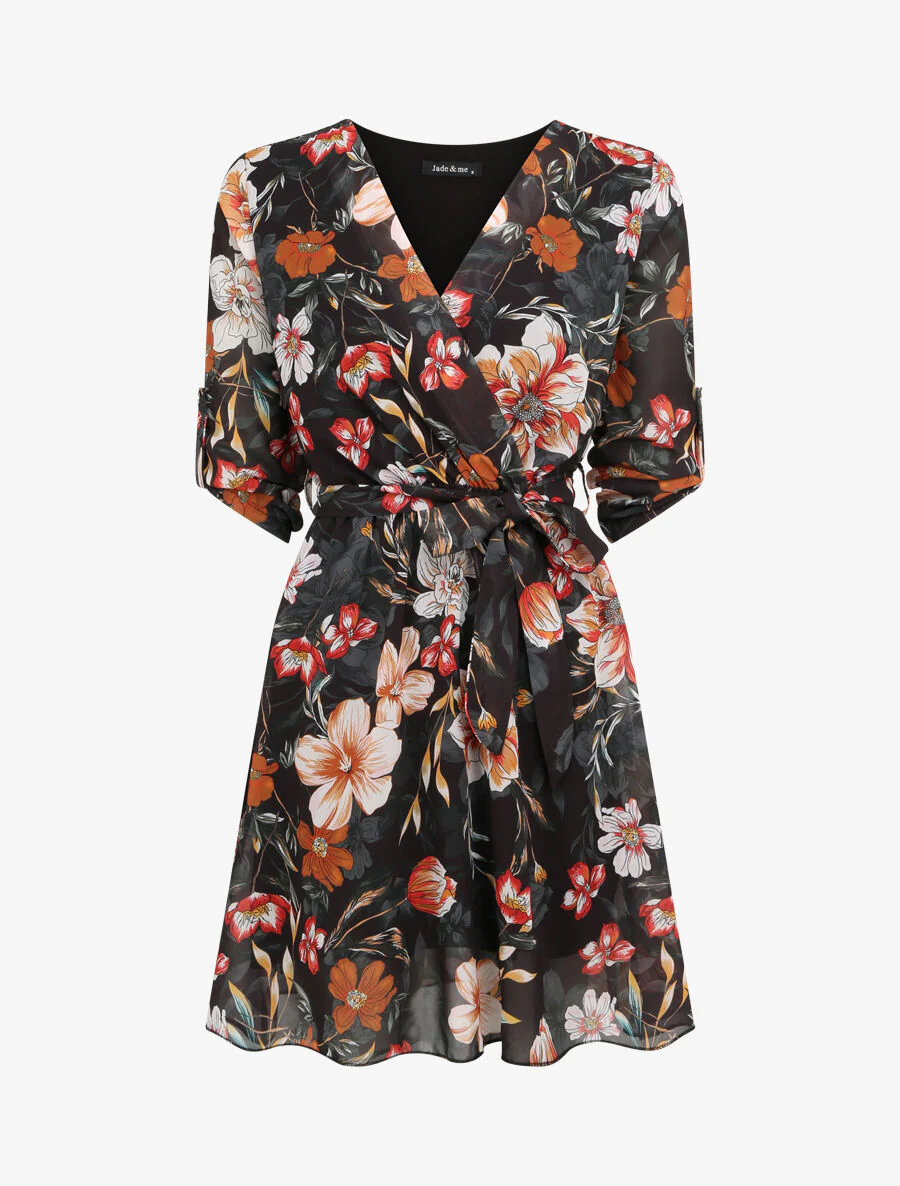 Robe imprimé fleurs d'été à col cache-coeur - Noir