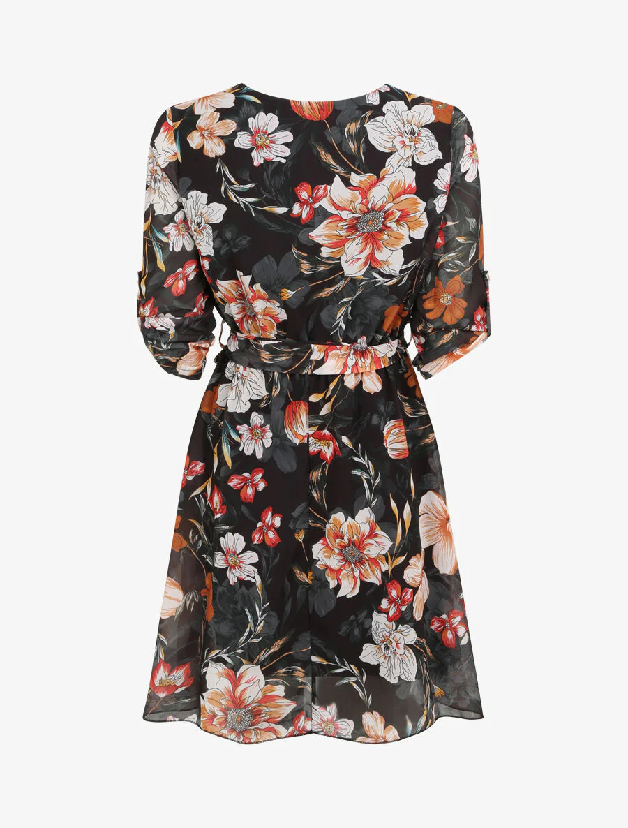 Robe imprimé fleurs d'été à col cache-coeur - Noir - Image 2
