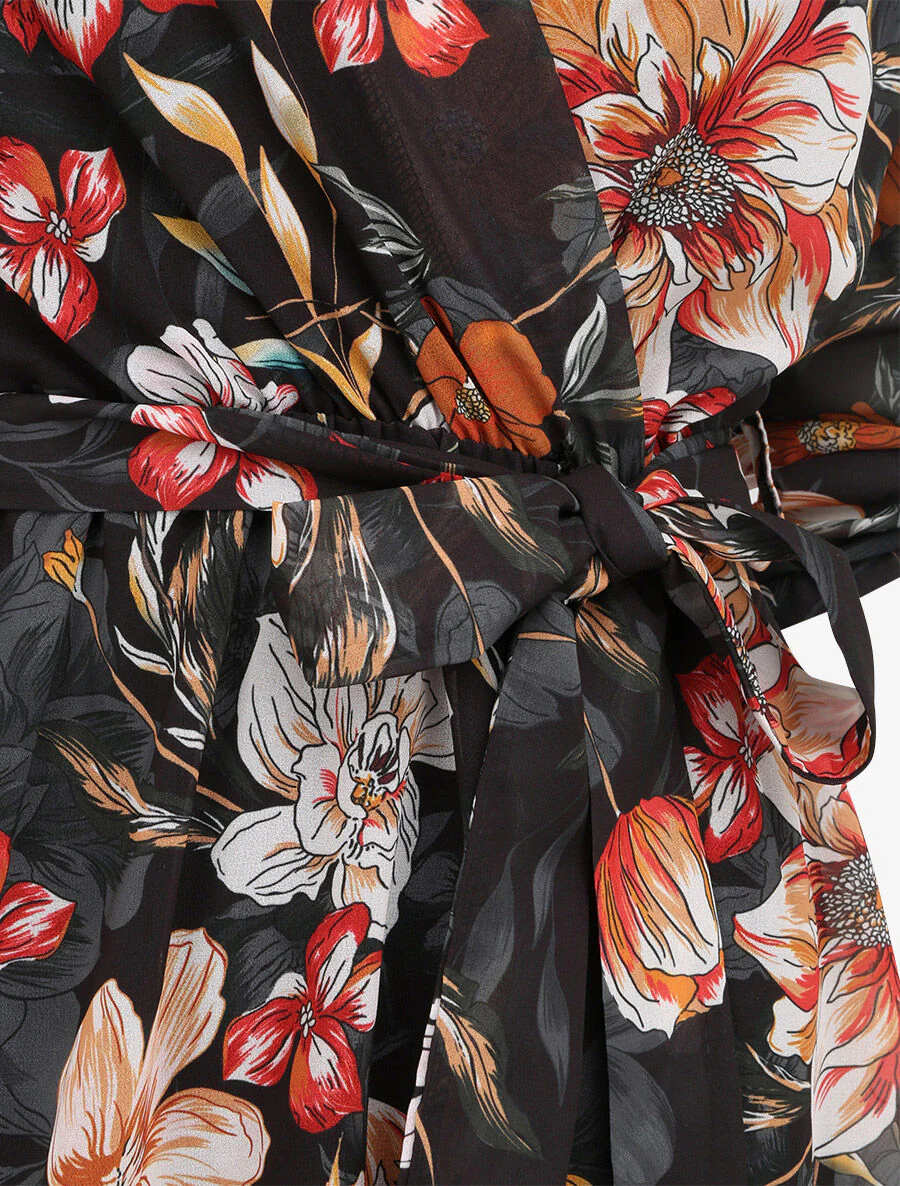 Robe imprimé fleurs d'été à col cache-coeur - Noir - Image 3