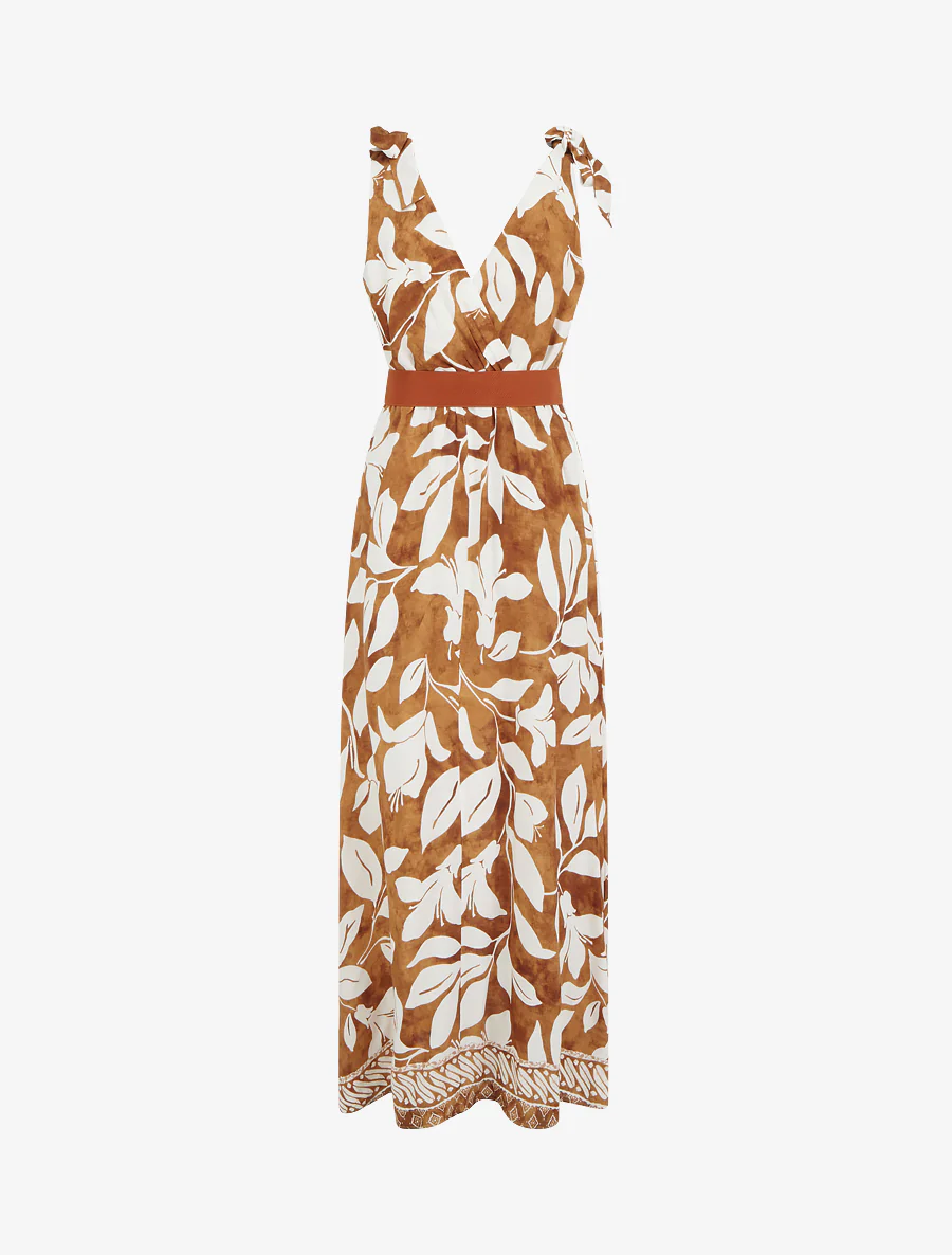 Robe imprimé fleurs tropicales à bretelles à nouer - Camel - Image 2