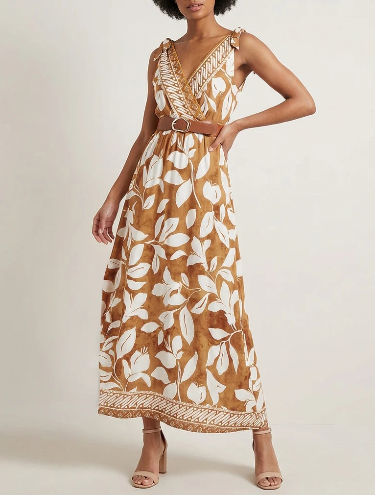 Robe imprimé fleurs tropicales à bretelles à nouer - Camel - Image 4