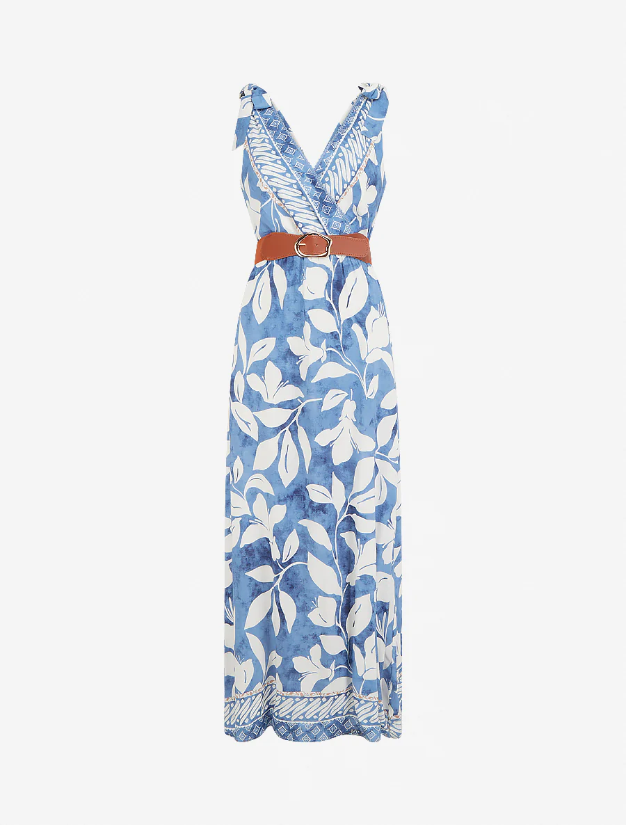 Robe imprimé fleurs tropicales à bretelles à nouer - Bleu clair