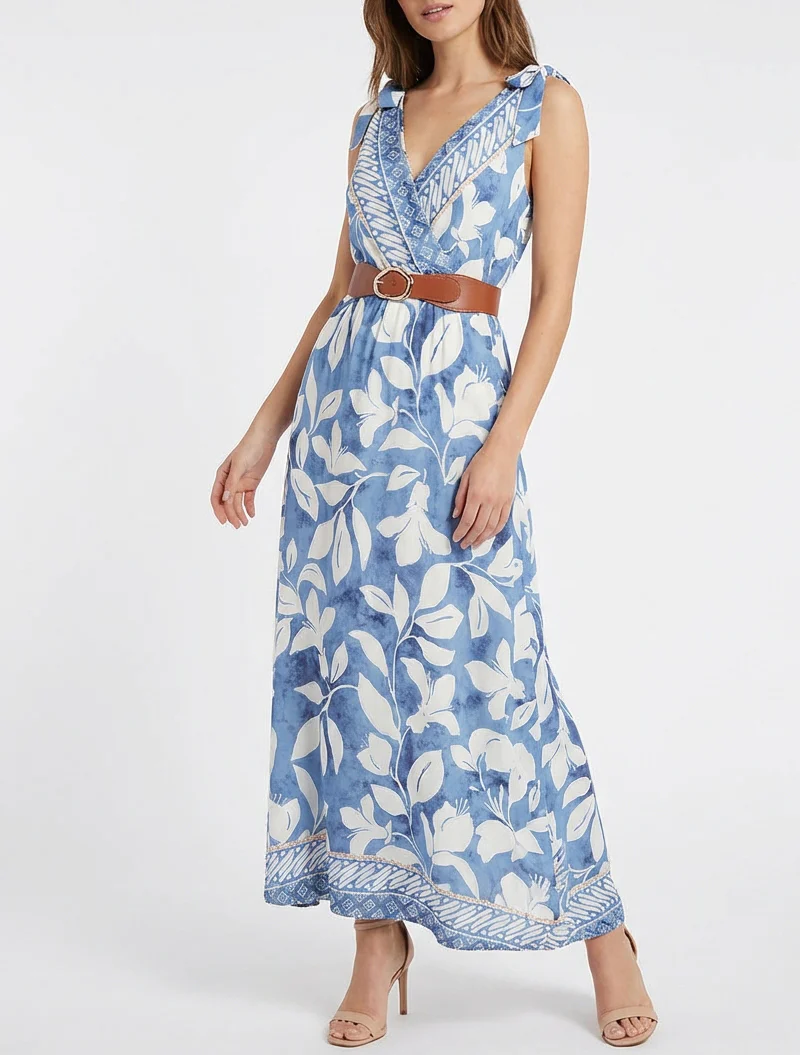 Robe imprimé fleurs tropicales à bretelles à nouer - Bleu clair - Image 4