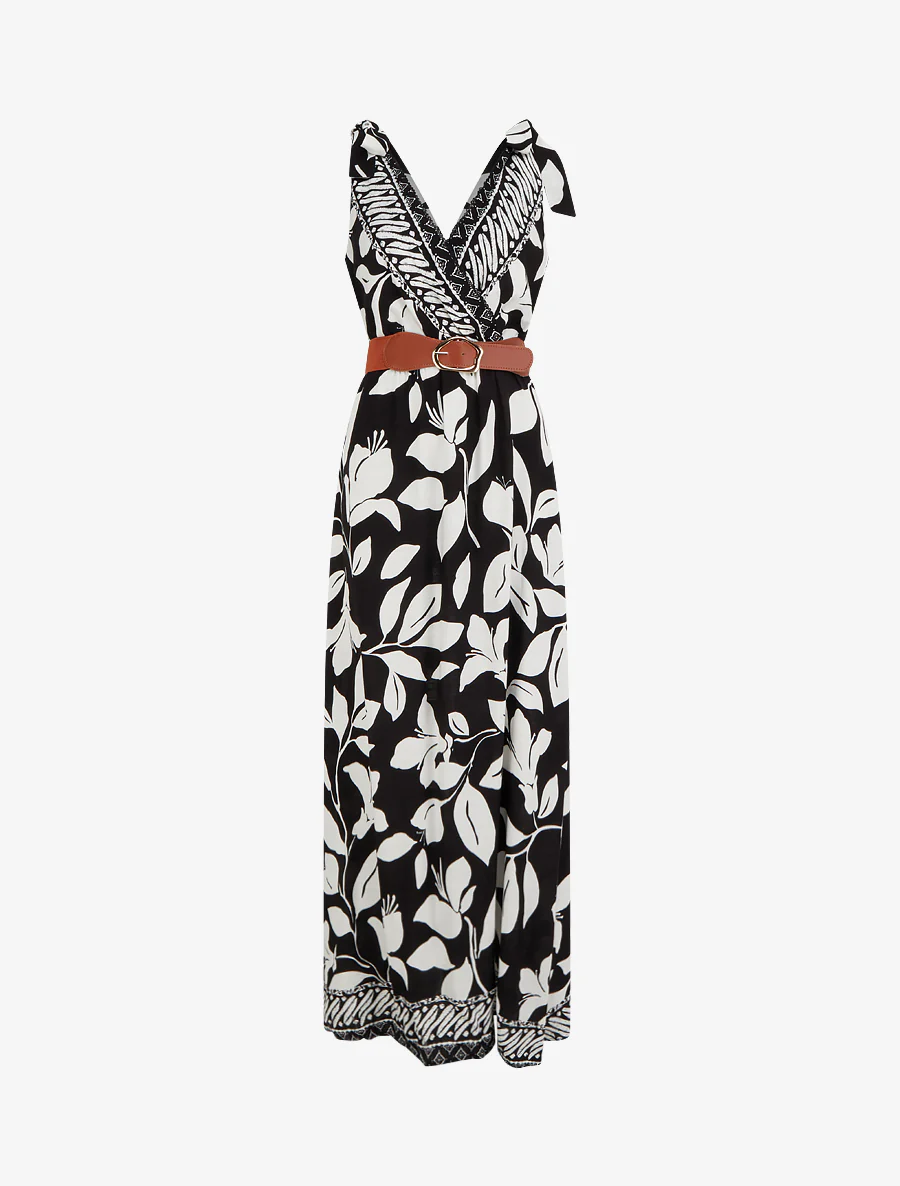 Robe imprimé fleurs tropicales à bretelles à nouer - Noir