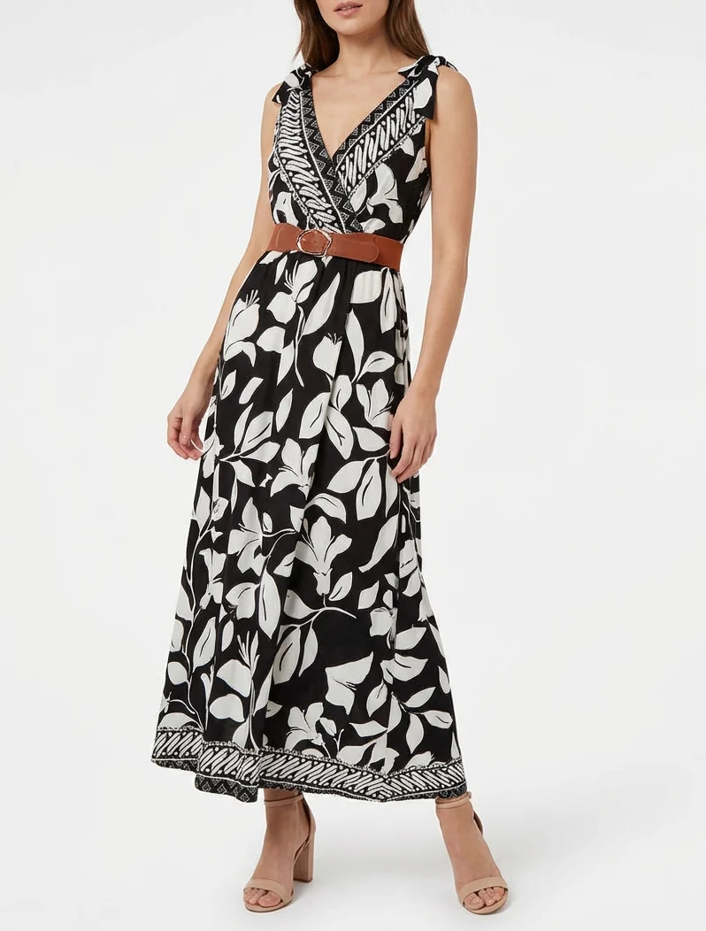 Robe imprimé fleurs tropicales à bretelles à nouer - Noir - Image 4