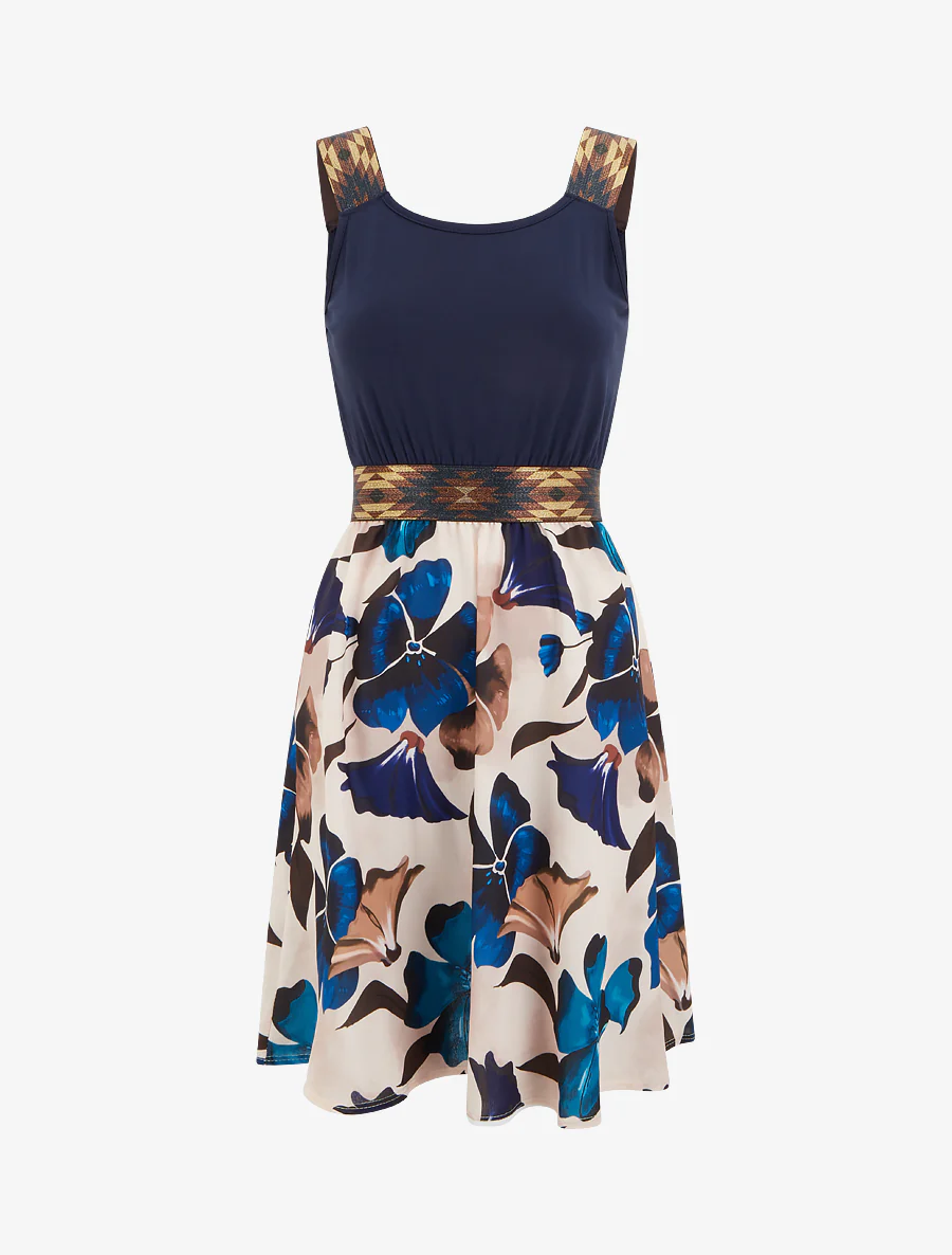 Robe imprimé floral à taille élastiquée fantaisie - Marine