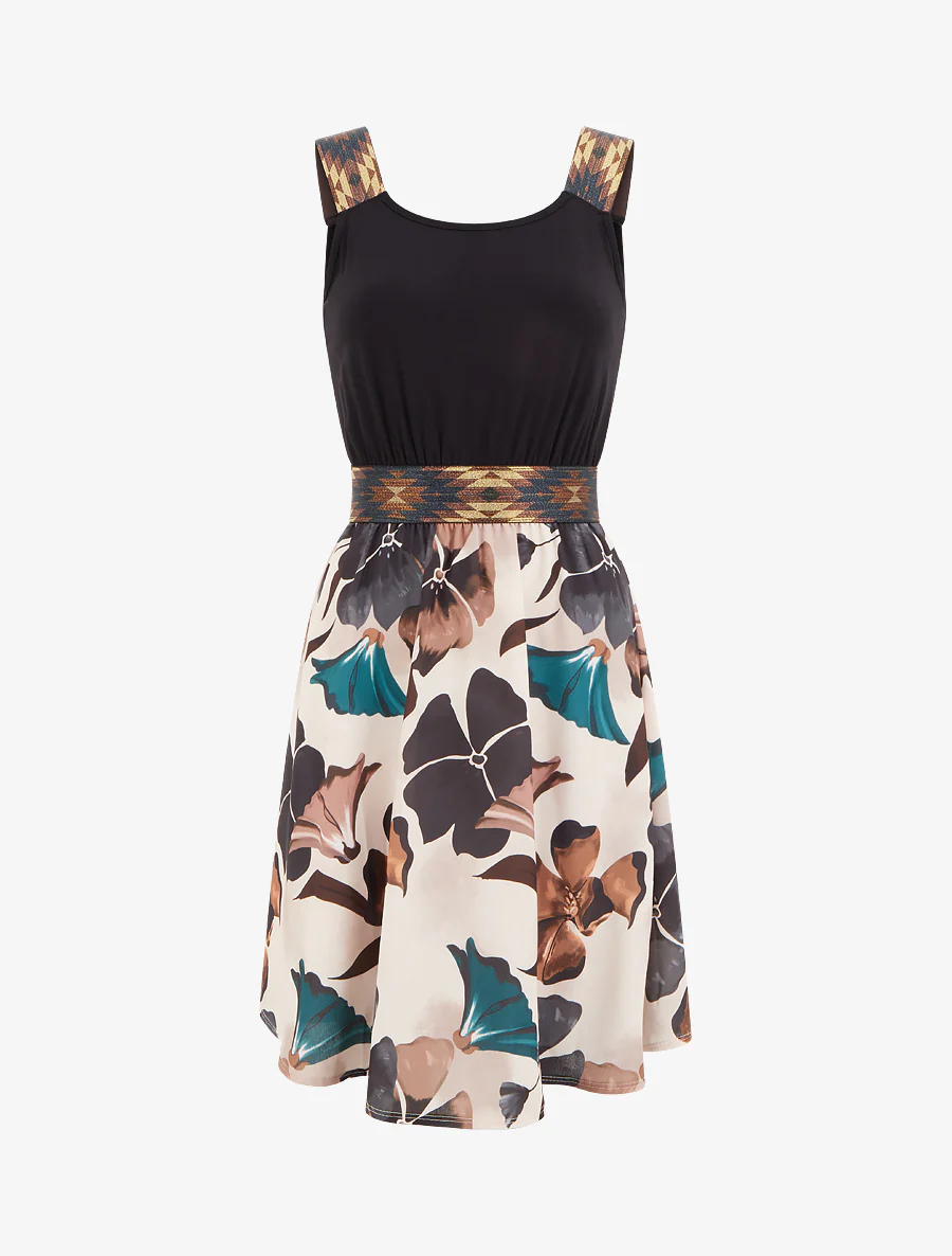 Robe imprimé floral à taille élastiquée fantaisie - Noir