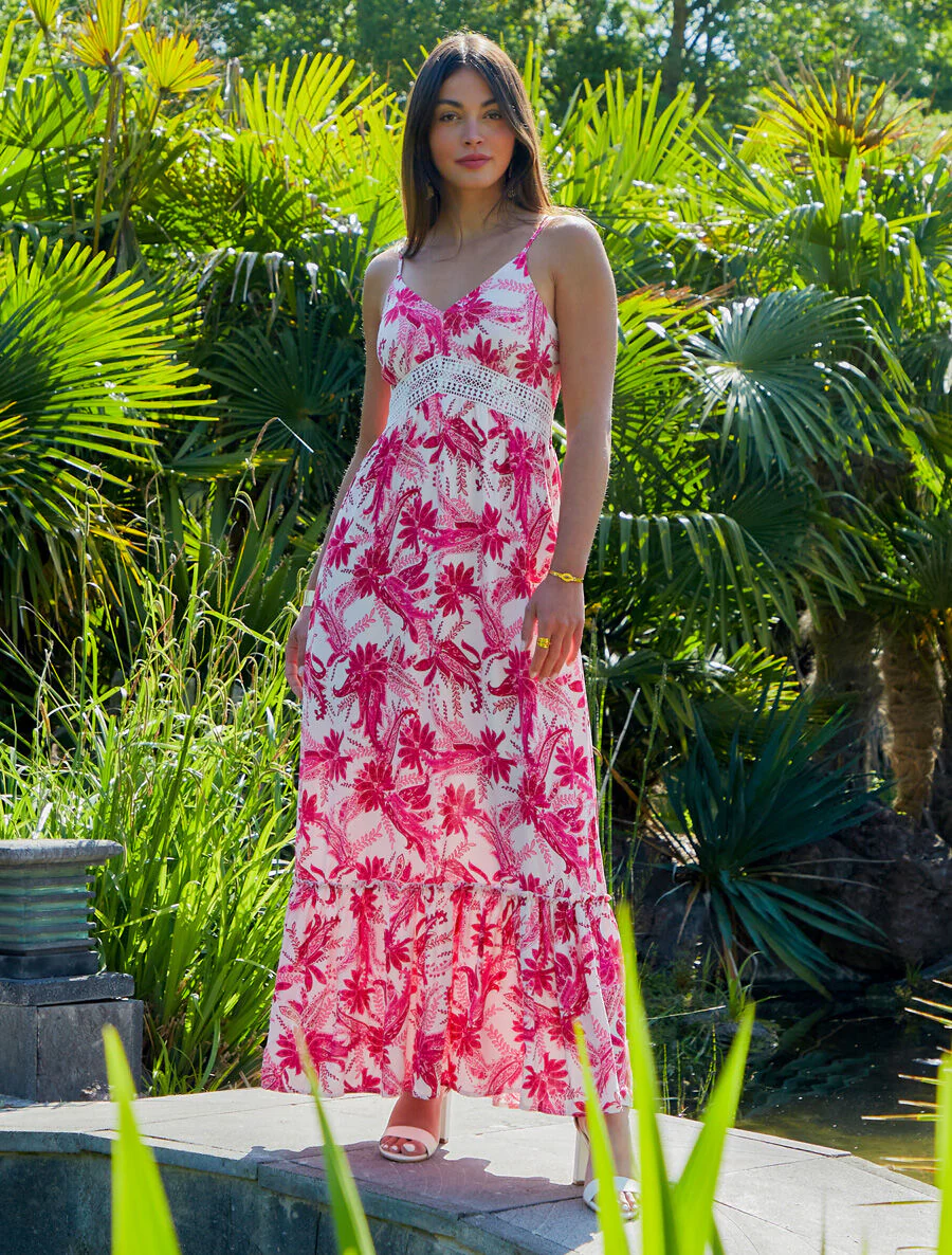Robe imprimé foulard à base volantée - Fushia