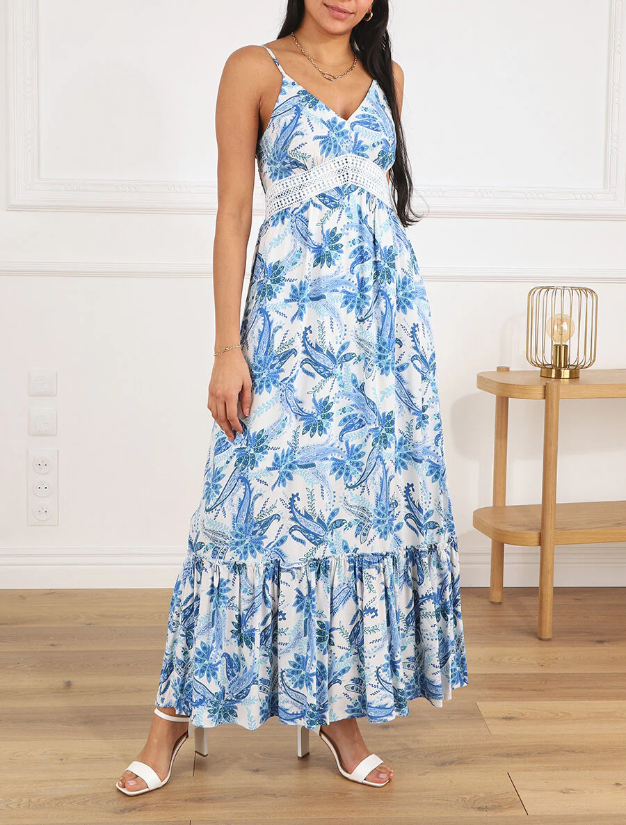 Robe imprimé foulard à base volantée - Bleu - Image 4