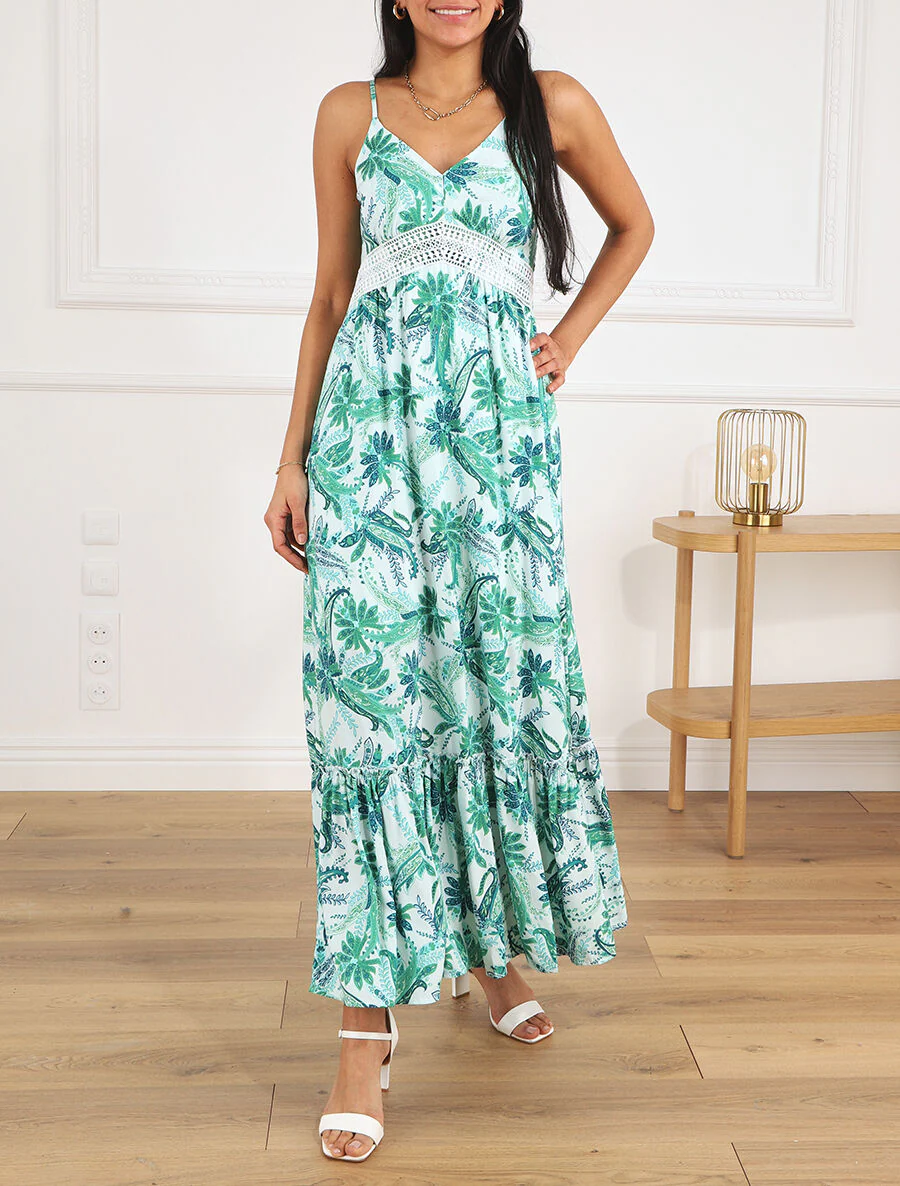 Robe imprimé foulard à base volantée - Vert - Image 4