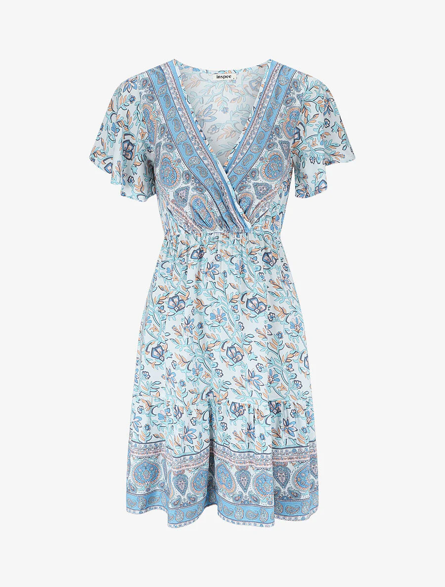 Robe imprimé foulard à manches volantées - Bleu ciel - Image 2