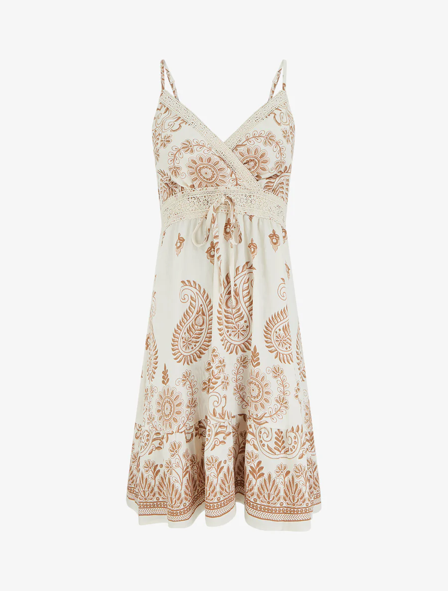 Robe imprimé foulard et fines bretelles - Camel