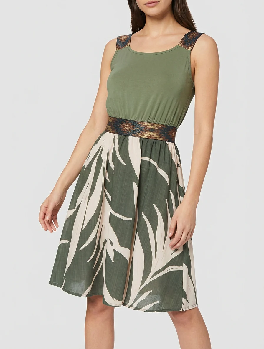 Robe imprimé graphique à taille élastiquée fantaisie - Kaki - Image 4