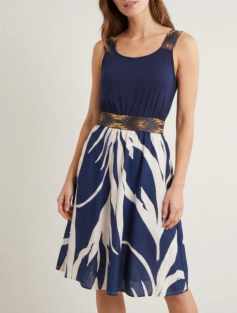 Robe imprimé graphique à taille élastiquée fantaisie - Marine - Image 4
