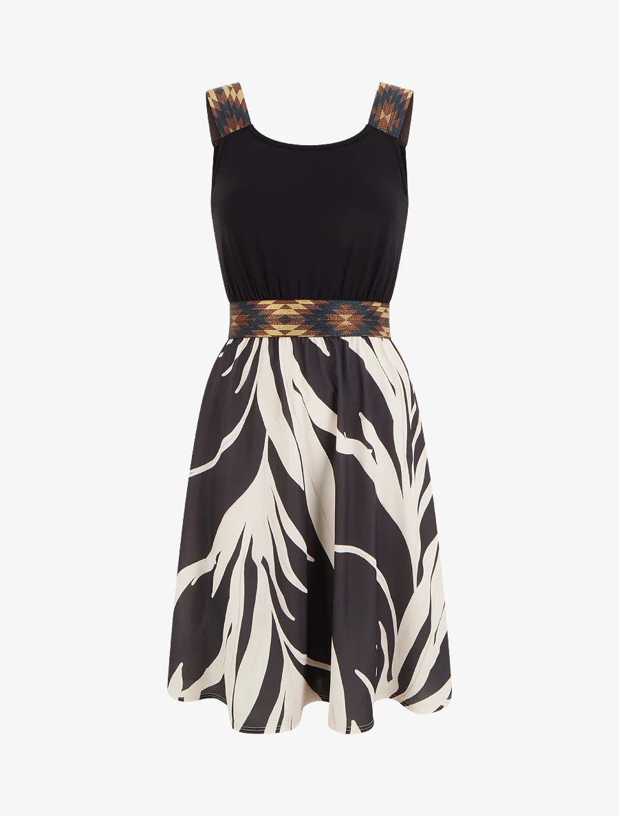 Robe imprimé graphique à taille élastiquée fantaisie - Noir