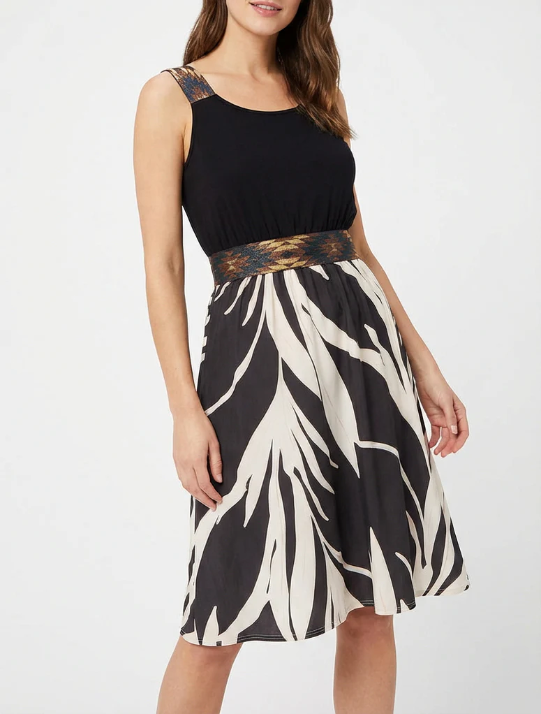 Robe imprimé graphique à taille élastiquée fantaisie - Noir - Image 4