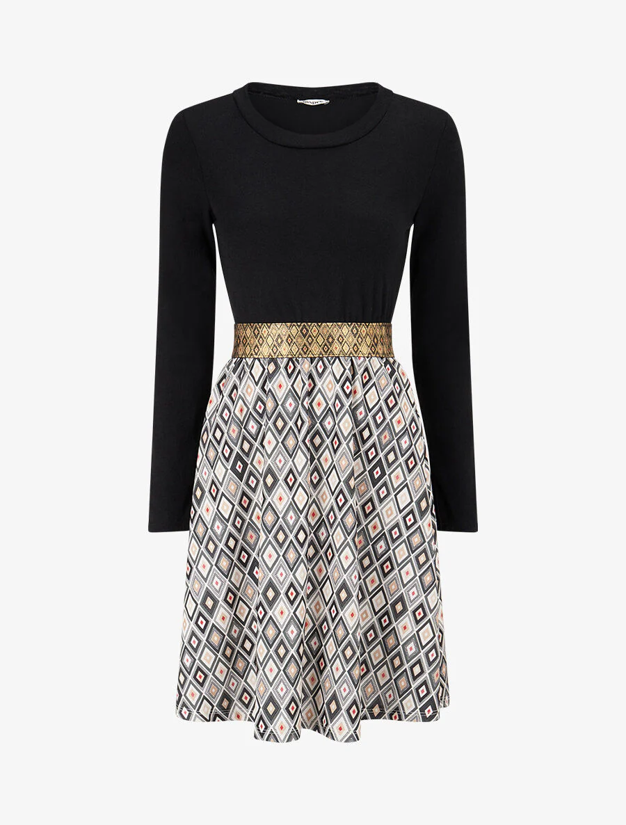 Robe imprimé losange et taille fantaisie - Noir