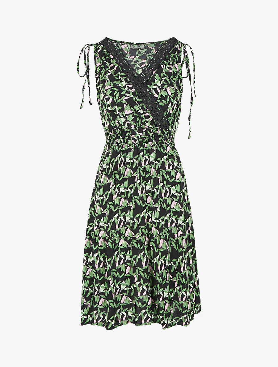 Robe imprimé petites feuilles à col cache-coeur - Noir