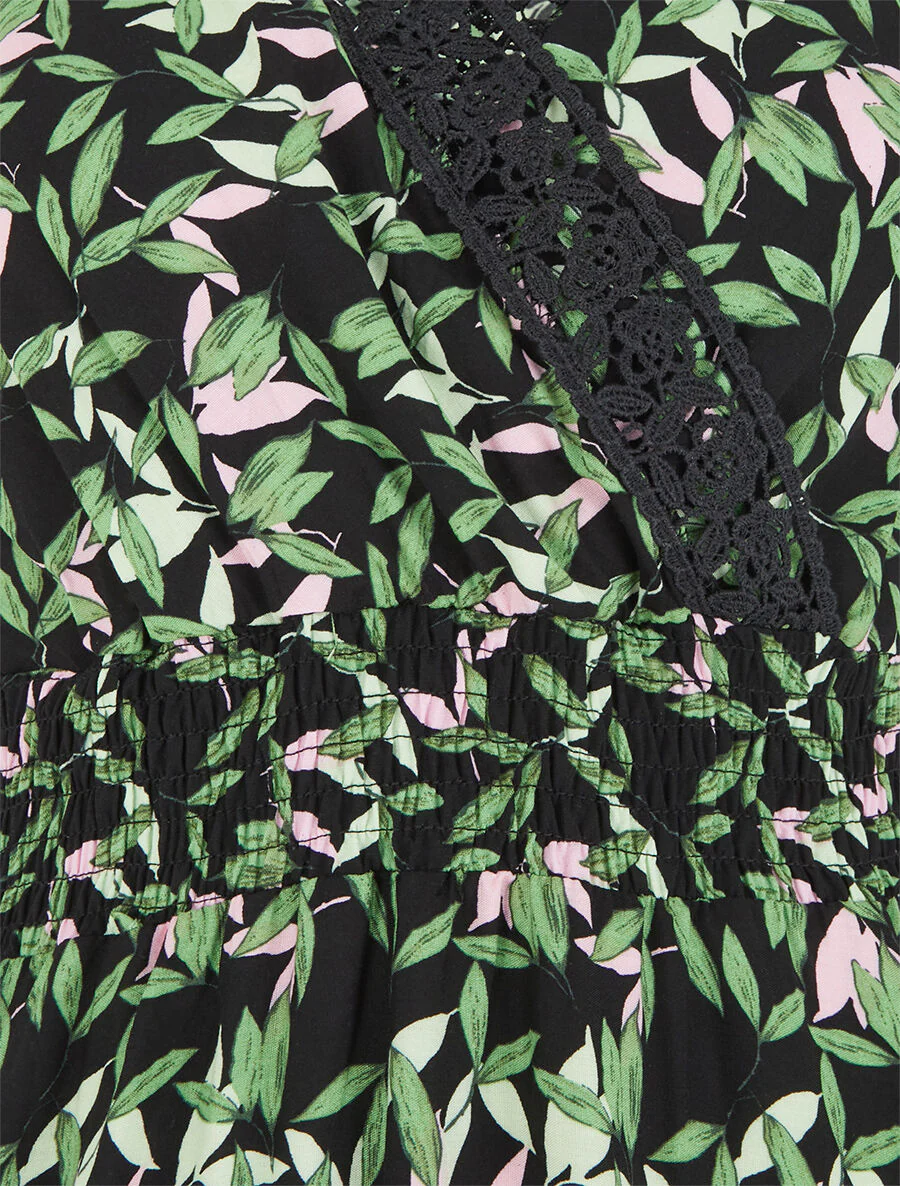 Robe imprimé petites feuilles à col cache-coeur - Noir - Image 3