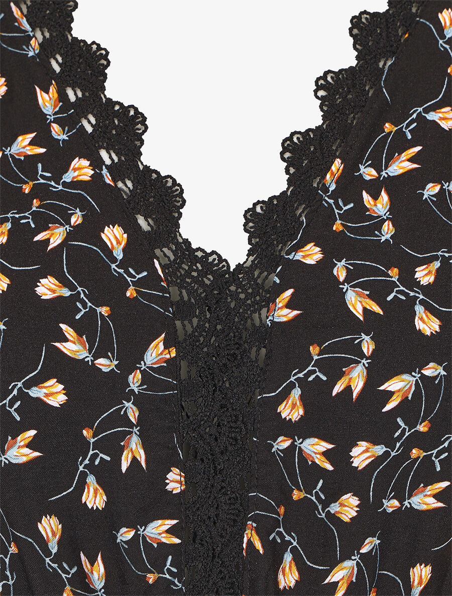Robe imprimé petites fleurs à double manches - Noir - Image 3