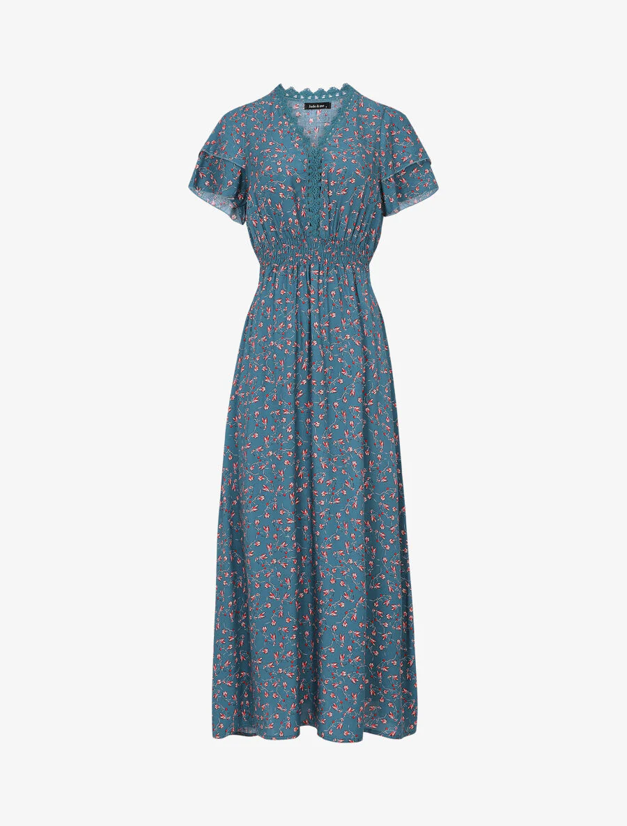 Robe imprimé petites fleurs à double manches - Bleu canard