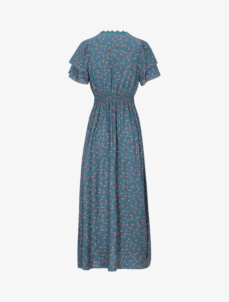 Robe imprimé petites fleurs à double manches - Bleu canard - Image 2