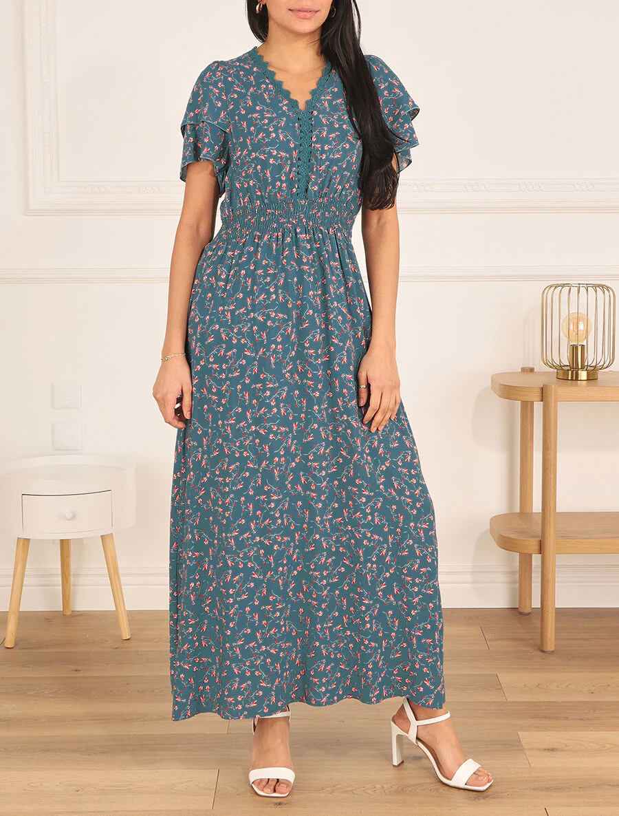 Robe imprimé petites fleurs à double manches - Bleu canard - Image 4