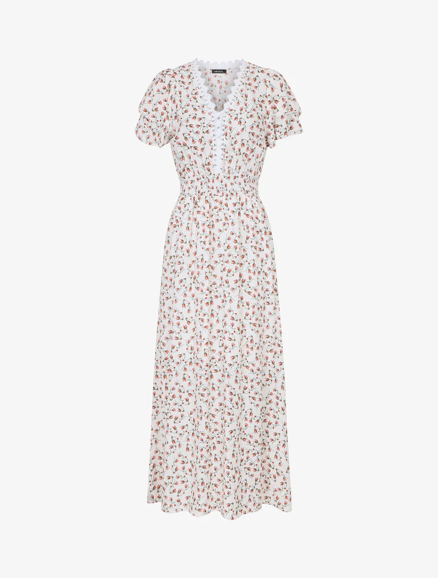 Robe imprimé petites fleurs à double manches - Blanc