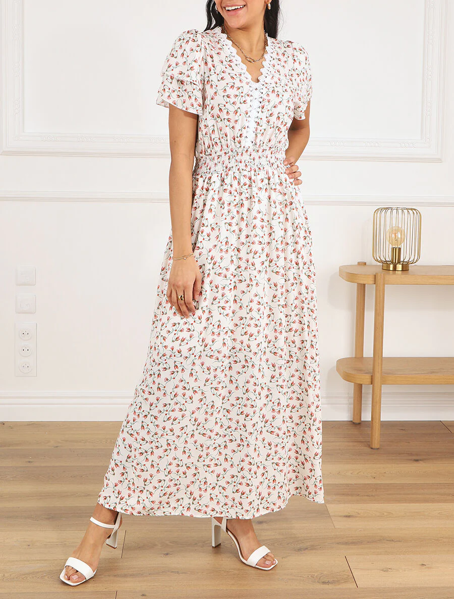 Robe imprimé petites fleurs à double manches - Blanc - Image 4
