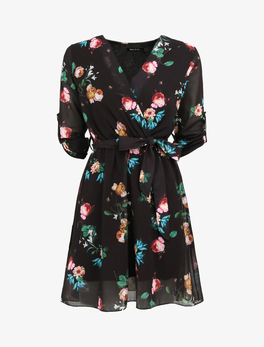 Robe imprimé roses sauvages à col cache-coeur - Noir