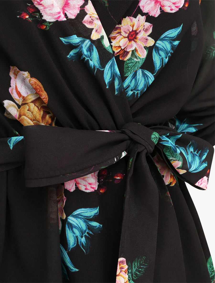 Robe imprimé roses sauvages à col cache-coeur - Noir - Image 3