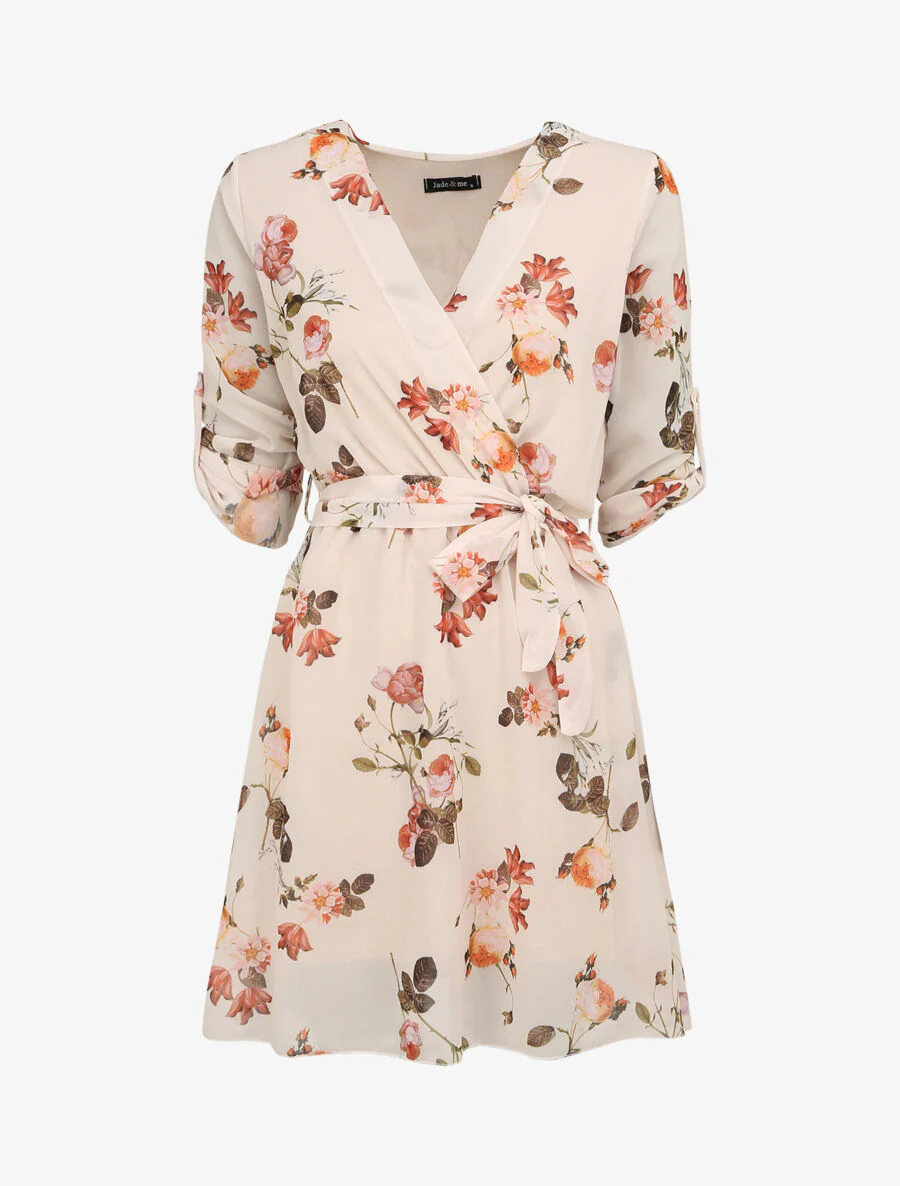 Robe imprimé roses sauvages à col cache-coeur - Beige