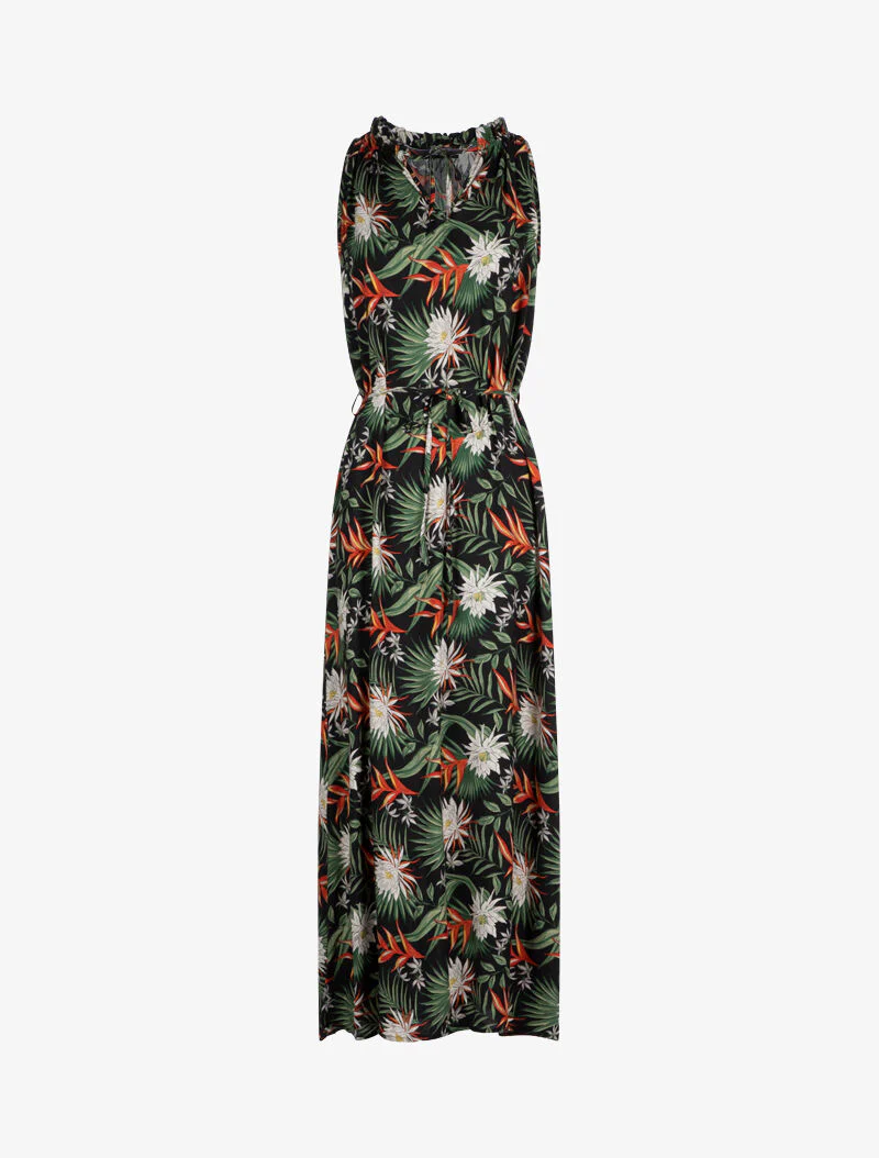 Robe imprimée à encolure montante volantée - noir