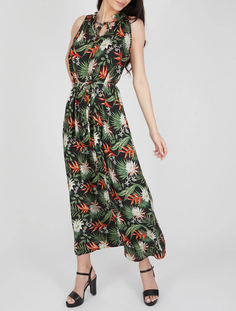 Robe imprimée à encolure montante volantée - noir - Image 3