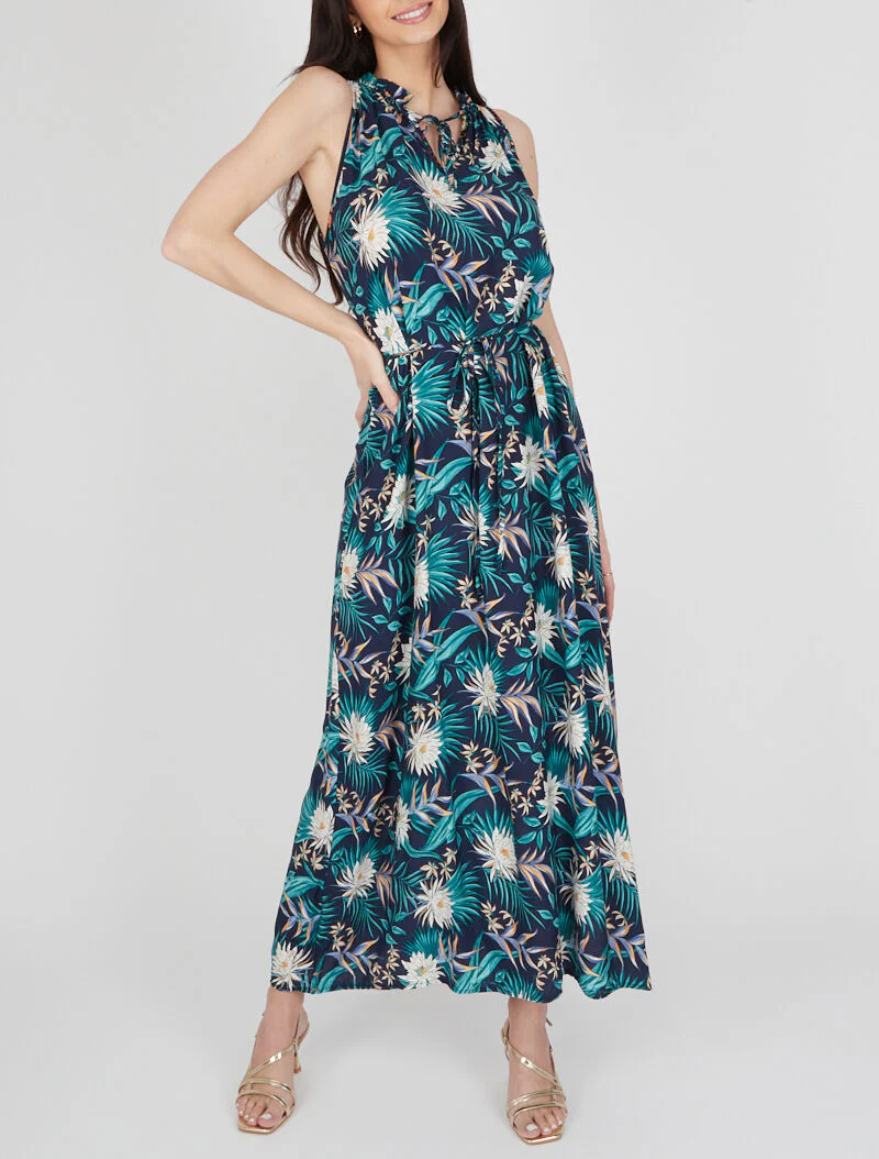 Robe imprimée à encolure montante volantée - marine