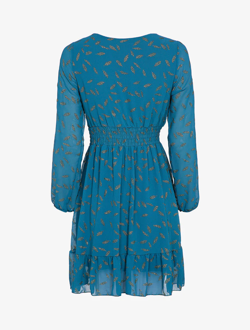 Robe imprimée plumes irisées et col cache-coeur - Bleu canard - Image 2