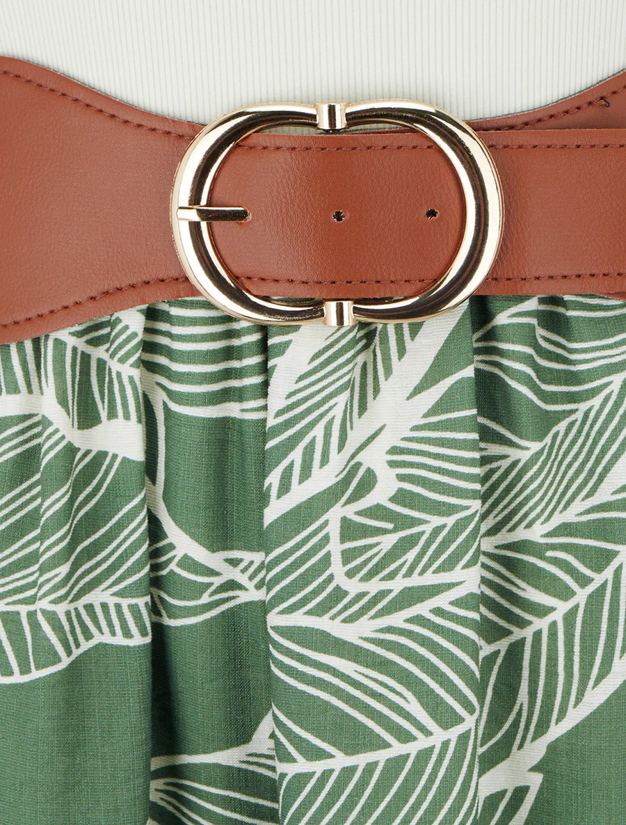 Robe longue à boutons fantaisies et imprimé feuilles - Vert - Image 3