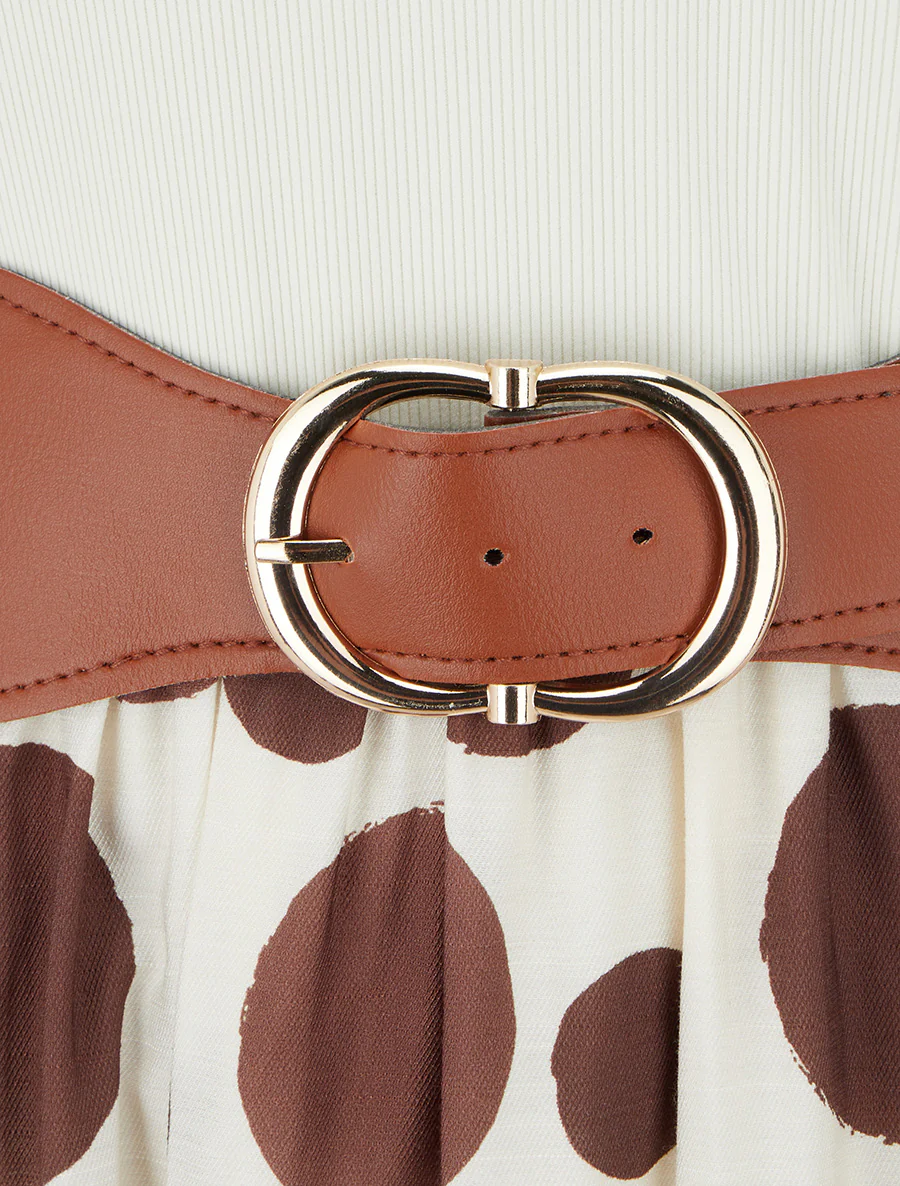 Robe longue à boutons fantaisies et imprimé gros pois - Marron - Image 3