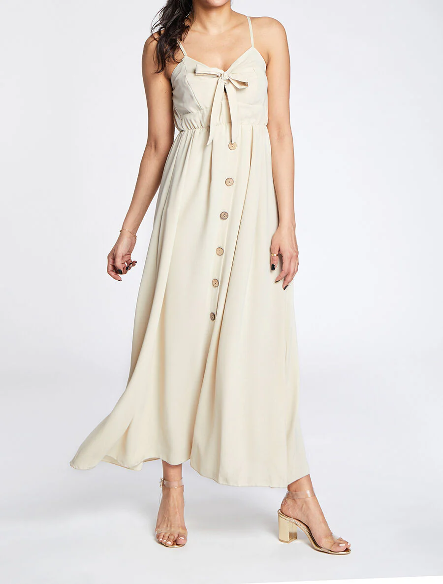Robe longue à boutons stylisés - Beige - Image 4