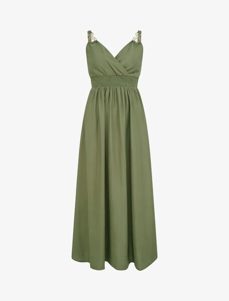 Robe longue à bretelles bijoux - Kaki