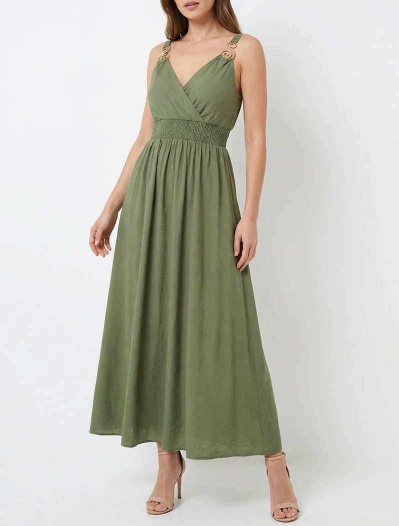 Robe longue à bretelles bijoux - Kaki - Image 4